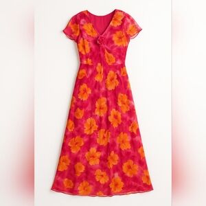 VINTAGE Floral V-Neck Dress in Pink and Orange Positve Attitude Luau Hawaii